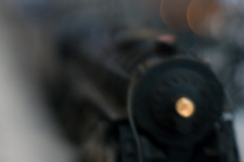 S-gauge steam locomotive at speed