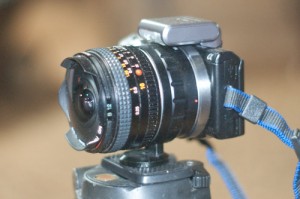 16mm Rokkor fisheye lens mounted to a Sony NEX-5n